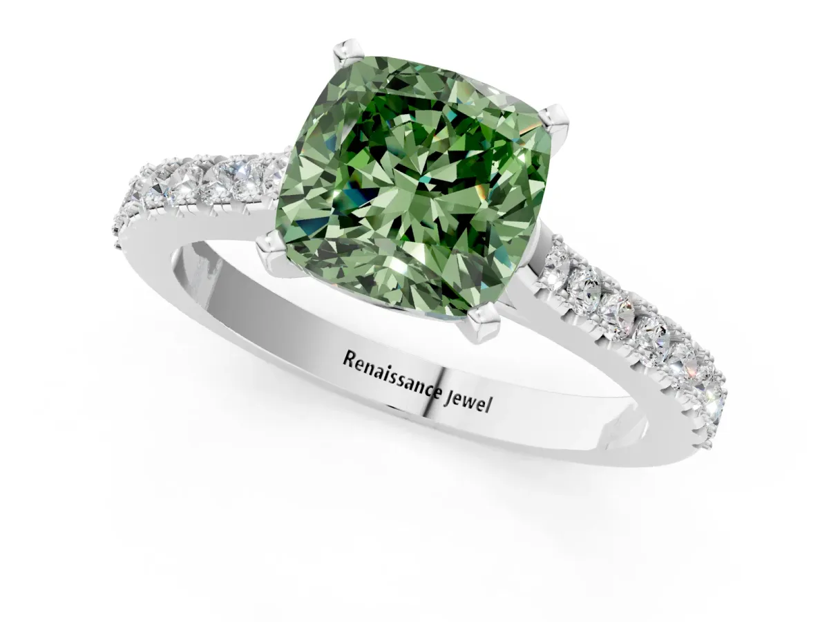 Fancy Green Cushion Cut Cut Solitaire Diamond Engagement Ring with Pave Band and Four-Prong Setting White gold