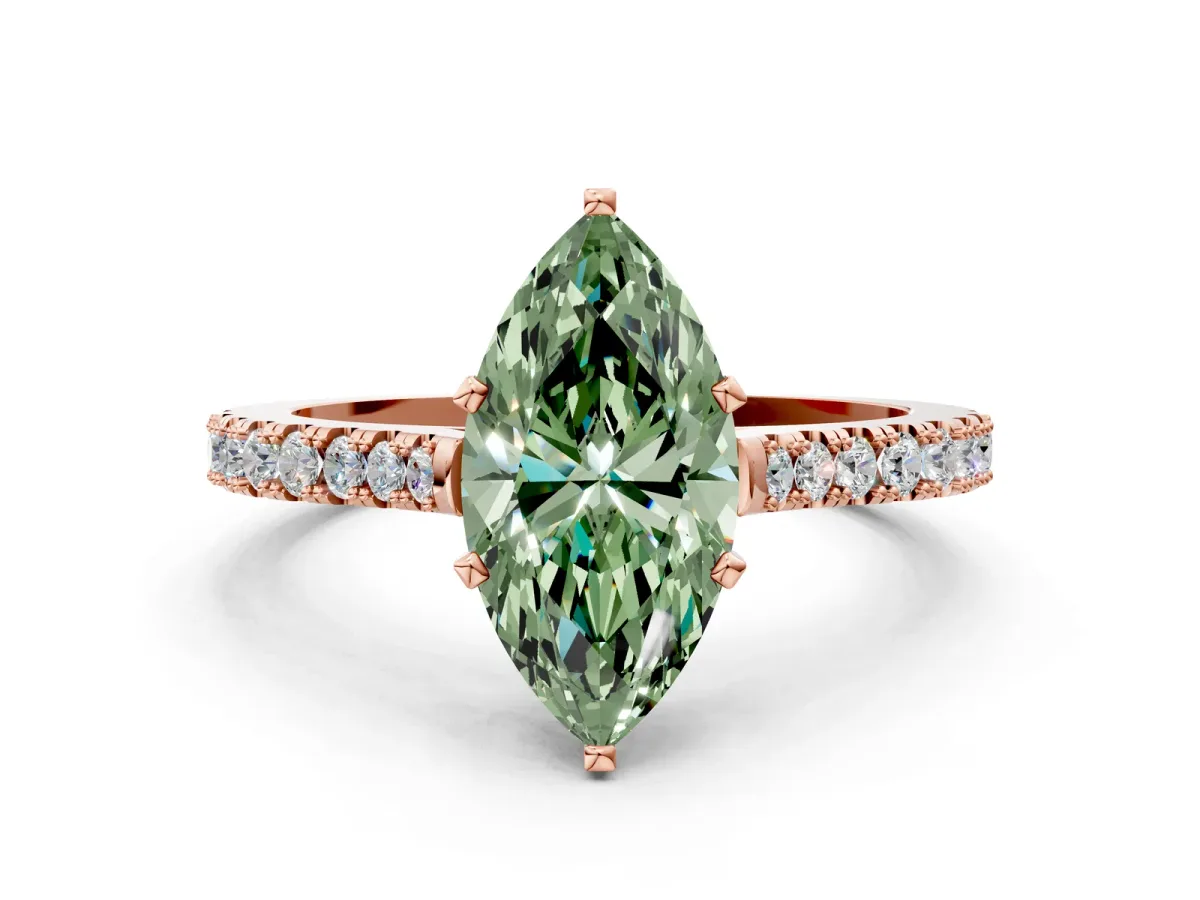 Fancy Green Marquise Cut Cut Solitaire Diamond Engagement Ring with Pave Band and Four-Prong Setting Rose gold