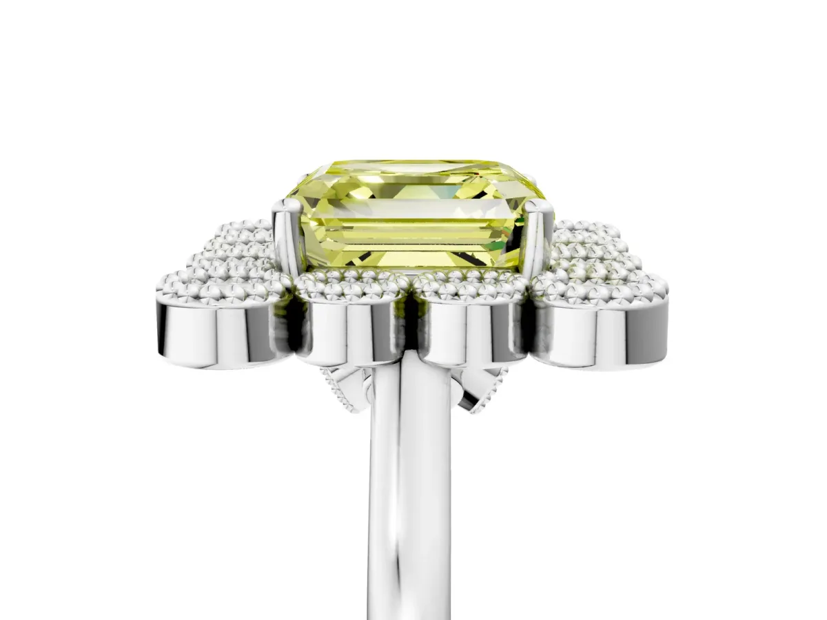 Fancy Yellow Asscher Cut Halo Diamond Cluster Engagement Ring with Milgrain Bezel Setting and Solitaire Band Platinum