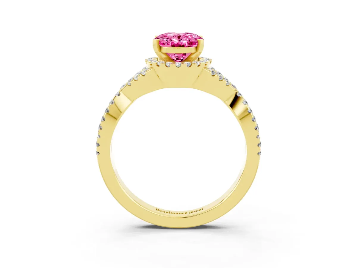 Oval Cut Pink Sapphire Halo Twist Band Solitaire Prong Setting Ring Yellow gold