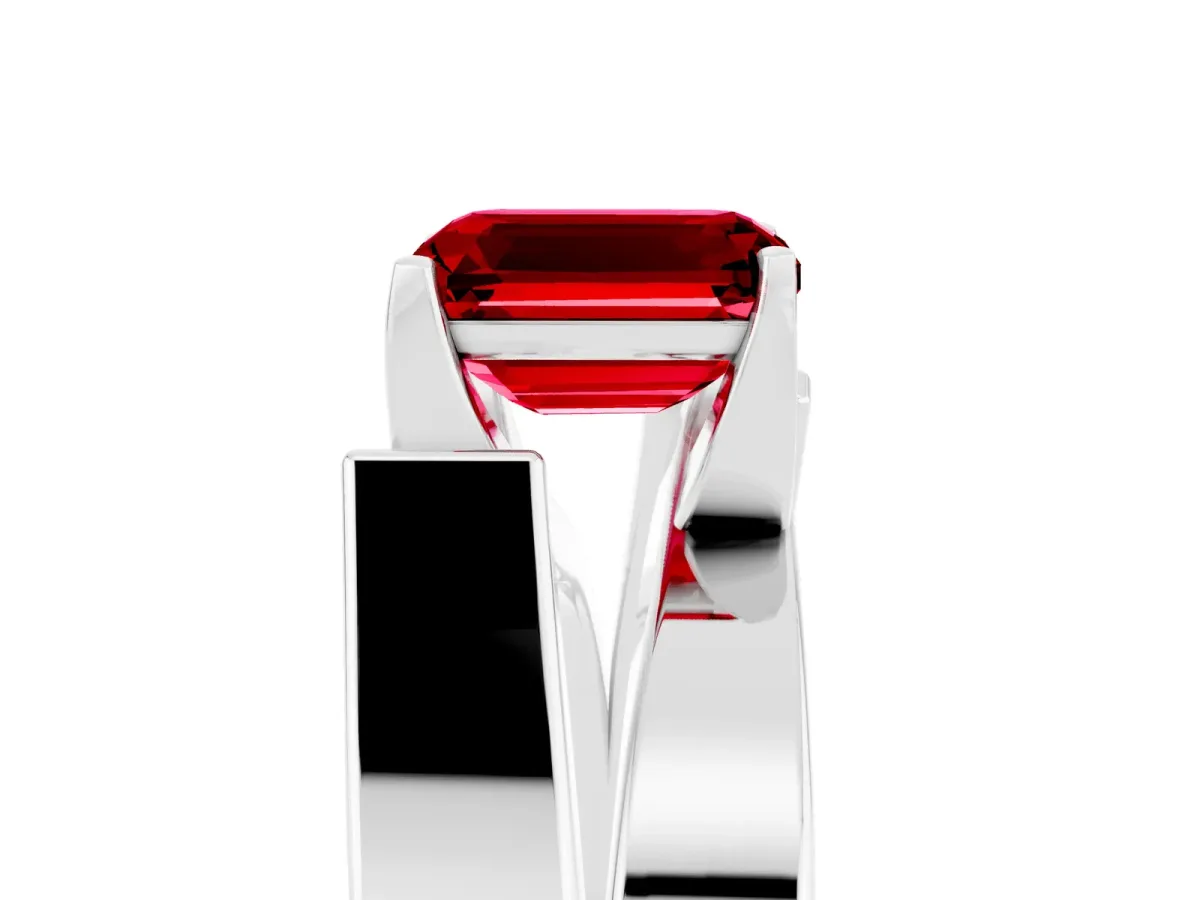 Modern Tension Set Emerald Cut Ruby Solitaire Wide Band Ring Silver