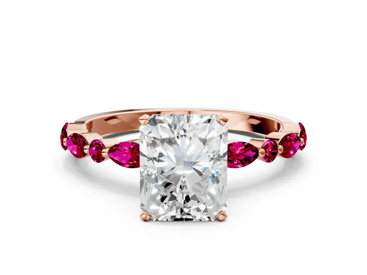 Radiant Cut Diamond Ring with Marquise and Round Garnet Side Stones and Four-Prong Setting Rose gold