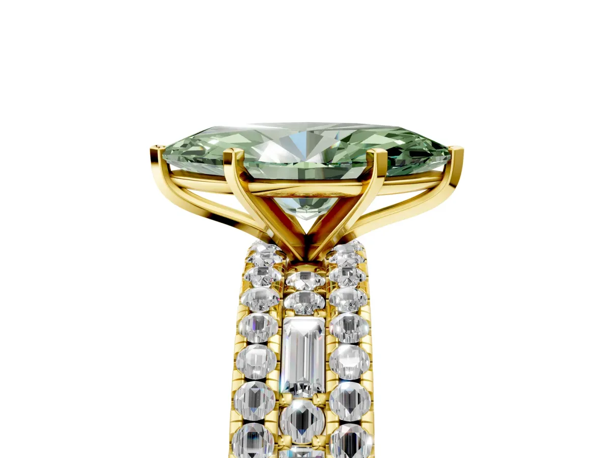 Fancy Green Marquise Cut Diamond Solitaire Ring with Pavé and Channel Set Band Yellow gold