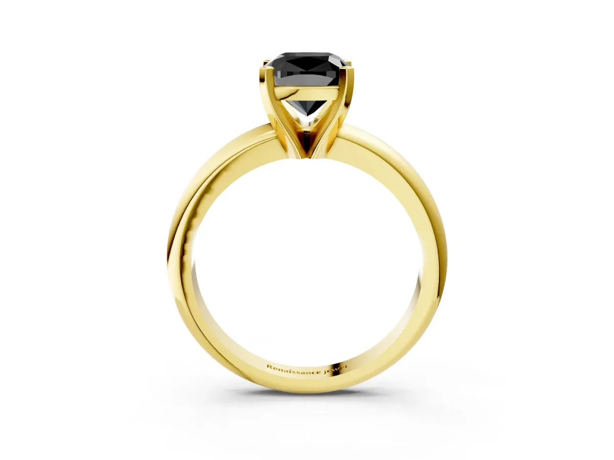 Fancy Black Cushion Cut Diamond Solitaire Engagement Ring with Round Band and Four-Prong Setting Yellow gold