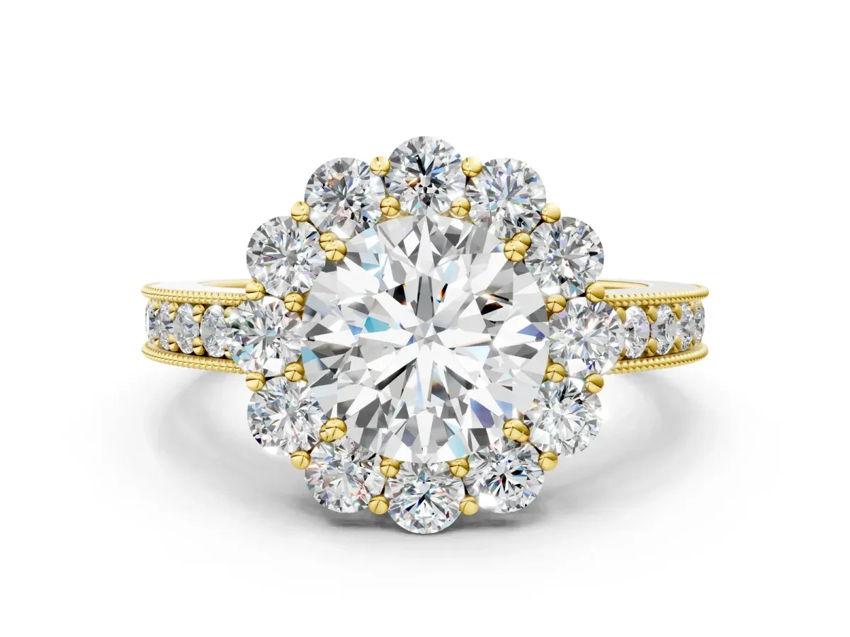 Round Cut Cut Halo Diamond Pavé Engagement Ring with Milgrain Detailing Yellow gold