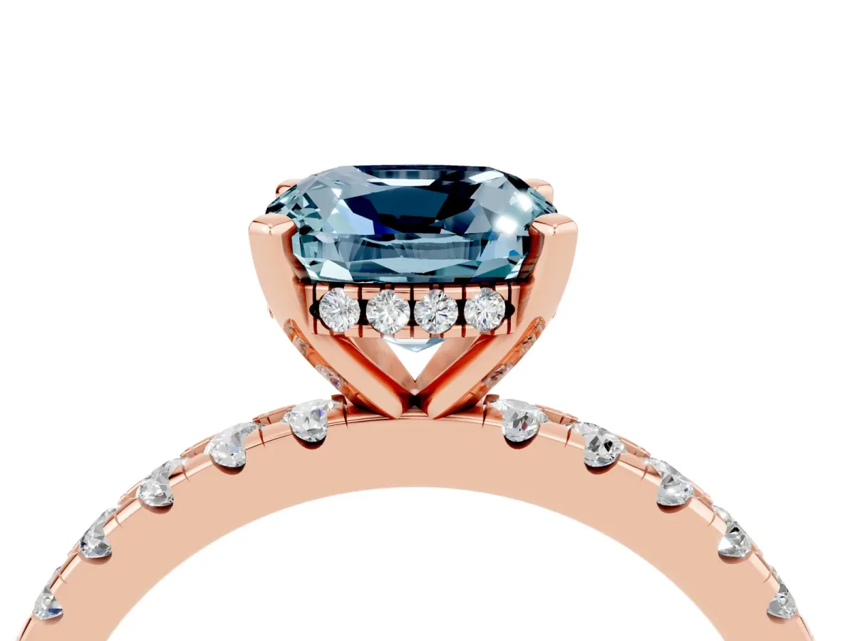 Cushion Cut Aquamarine Solitaire Ring with Round Pavé Band and Four-Prong Setting Rose gold