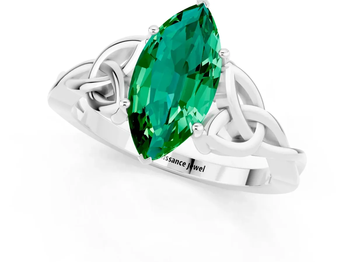 Marquise Cut Emerald Solitaire Celtic Knot Ring with Four-Prong Setting White gold
