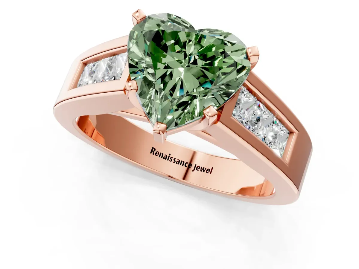 Fancy Green Heart Cut Cut Channel Set Solitaire Ring with Four-Prong Setting Rose gold