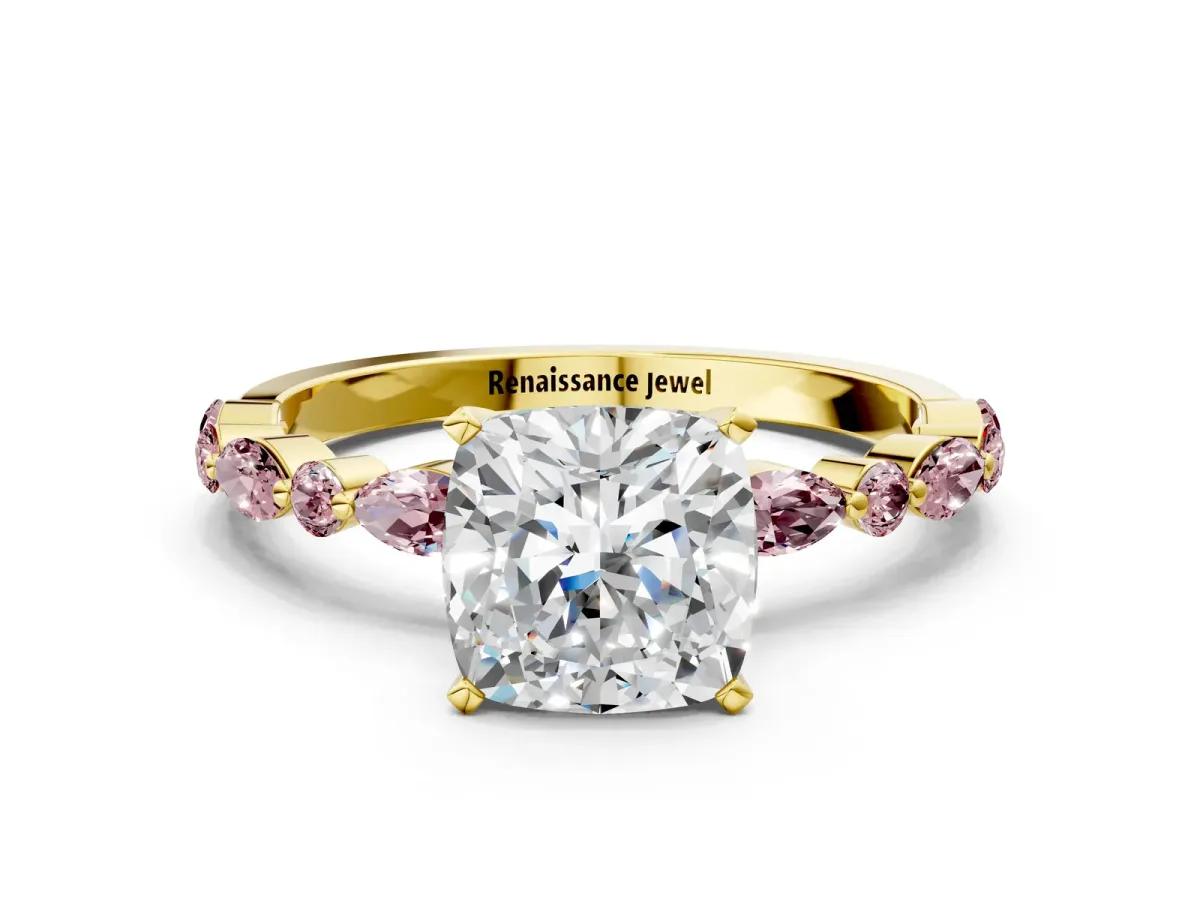 Cushion Cut Diamond Ring with Marquise and Round Morganite Side Stones and Four-Prong Setting Yellow gold