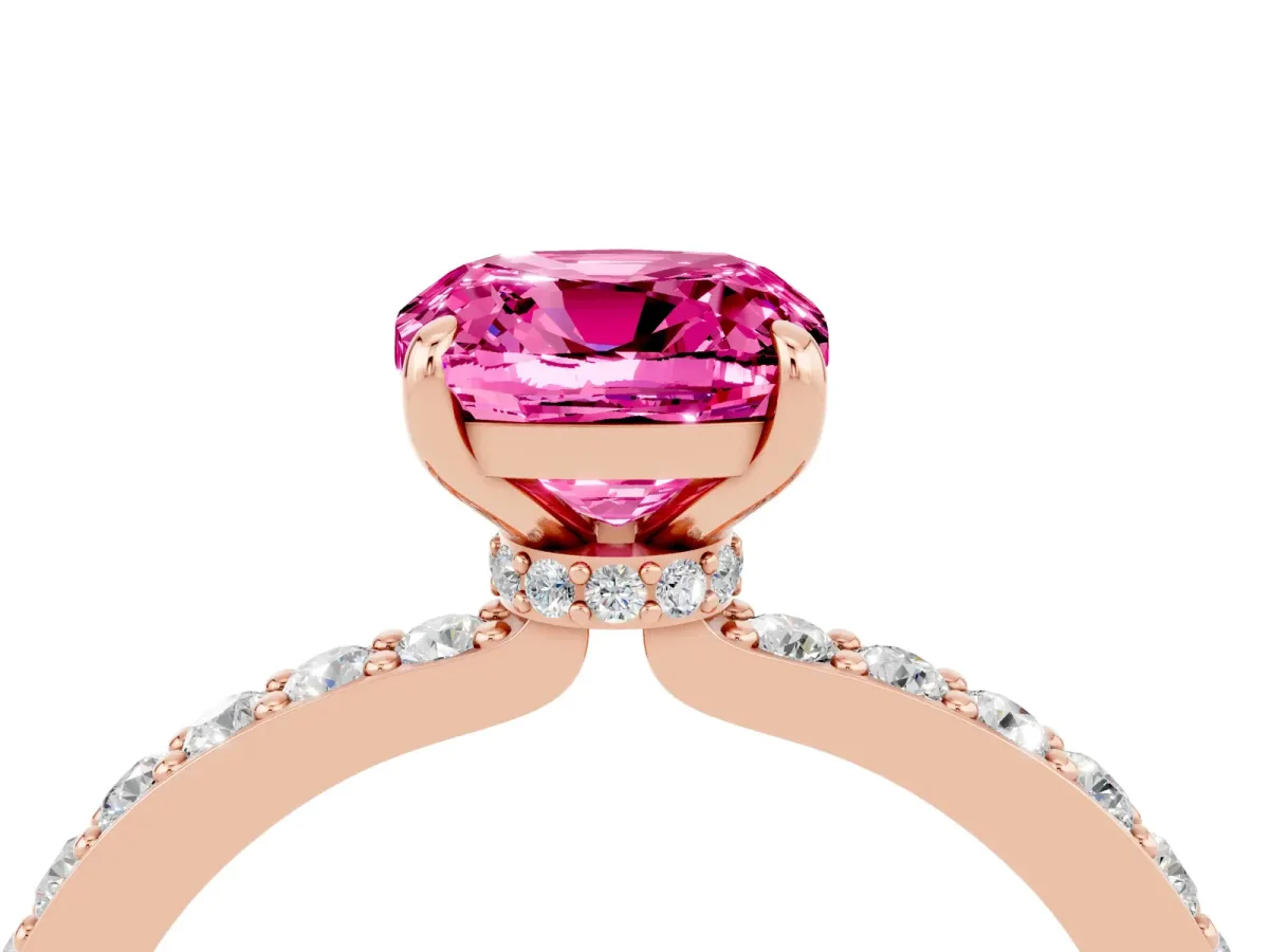 Cushion Cut Pink Sapphire Solitaire Engagement Ring with Pavé Band and Four-Prong Setting Rose gold