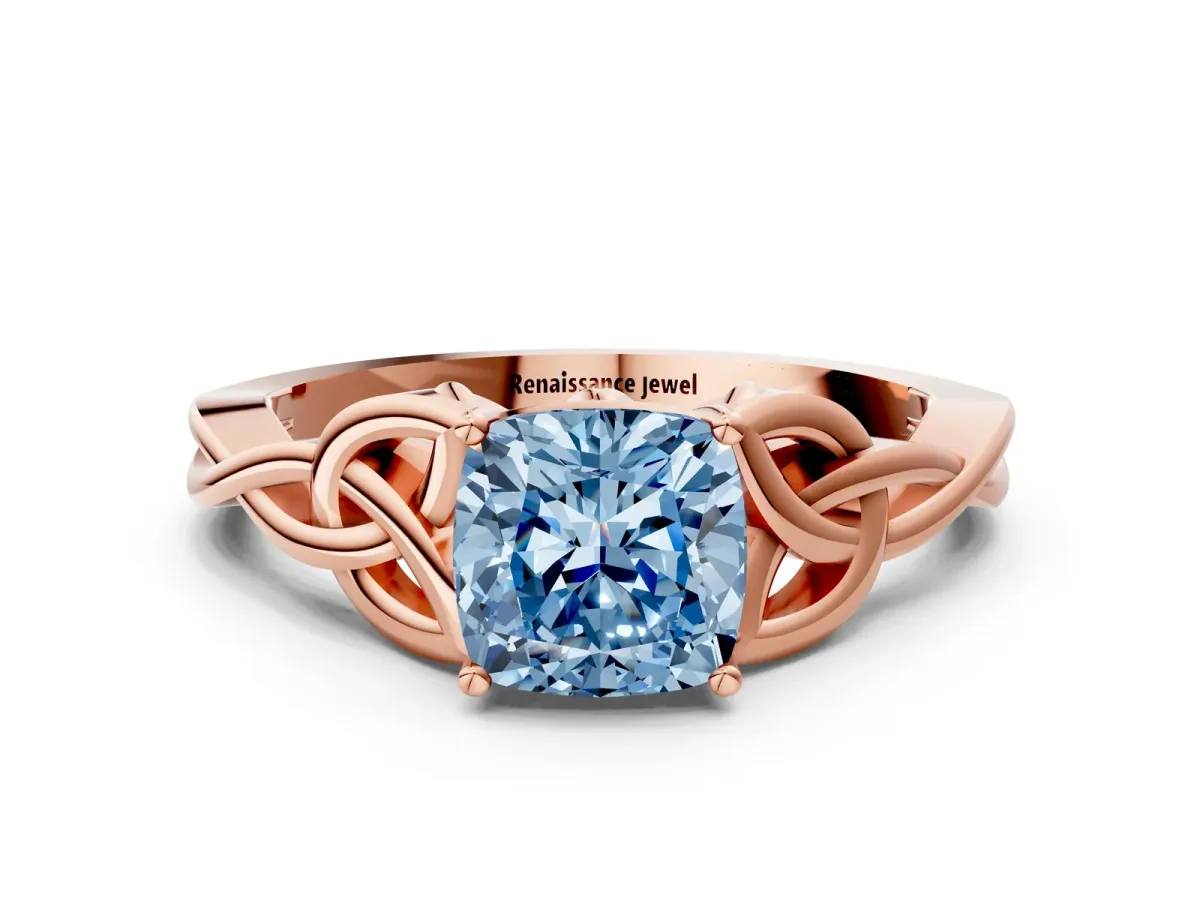 Fancy Blue Cushion Cut Diamond Solitaire Celtic Knot Ring with Four-Prong Setting Rose gold
