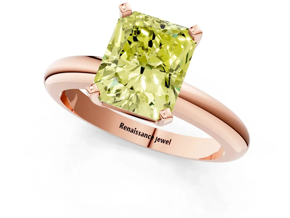 Fancy Yellow Radiant Cut Diamond Solitaire Engagement Ring with Round Band and Four-Prong Setting Rose gold