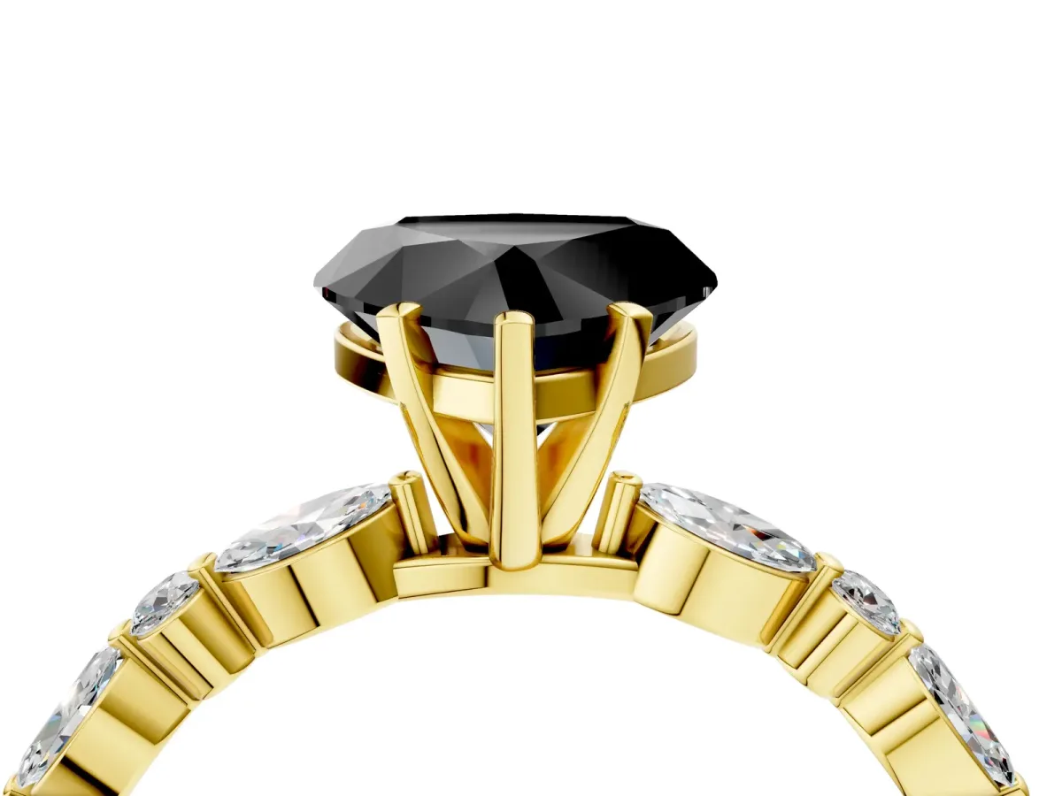 Fancy Black Heart Cut Diamond Ring with Marquise and Round Side Stones and Four-Prong Setting Yellow gold