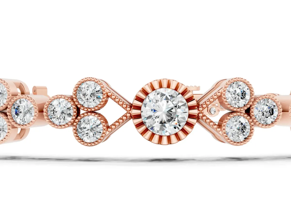 Round Cut Diamond Tennis Bracelet with Bezel Setting and Milgrain Band Rose gold
