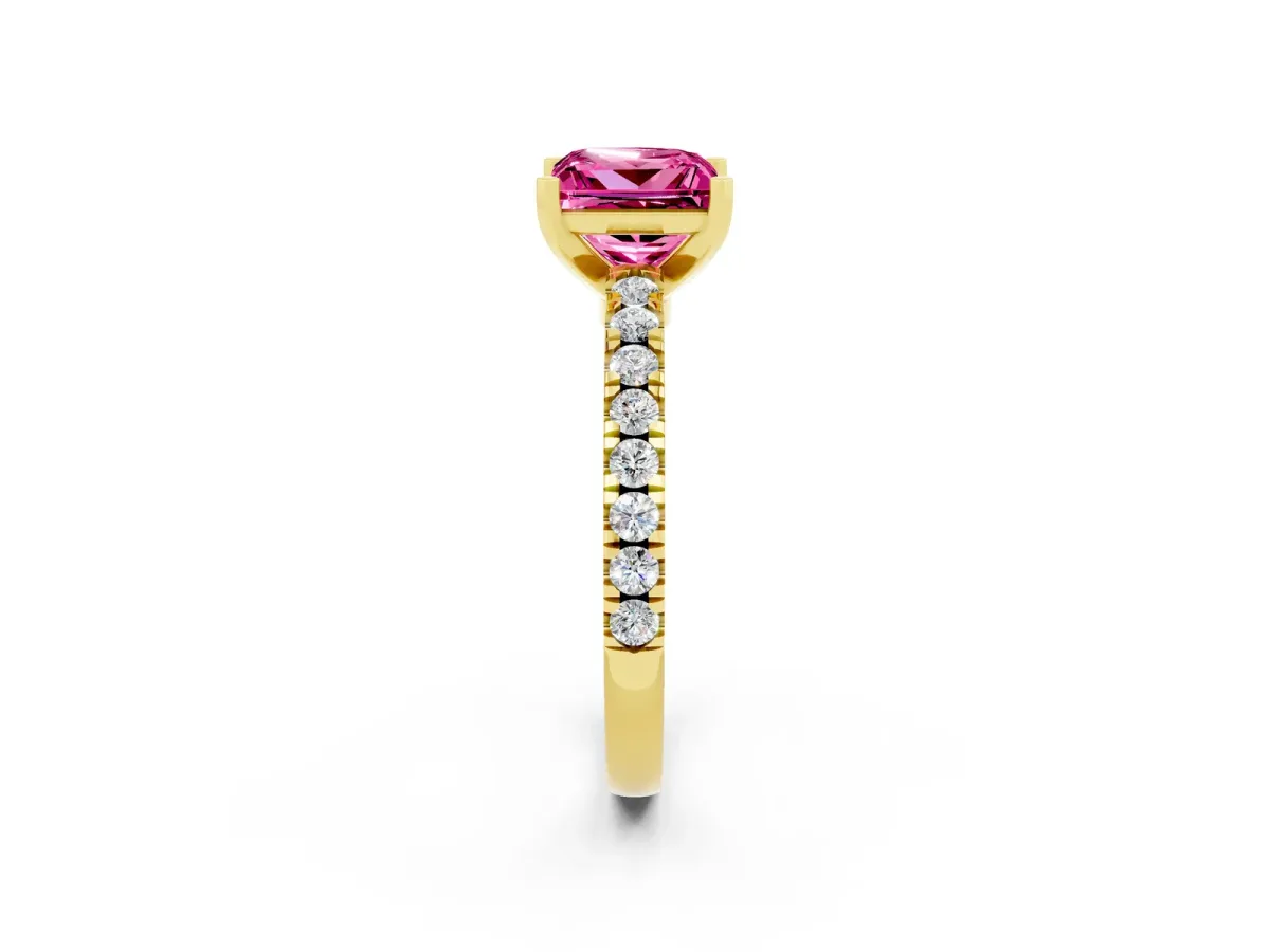 Princess Cut Solitaire Pink Sapphire with Pavé Band and Four-Prong Setting Yellow gold