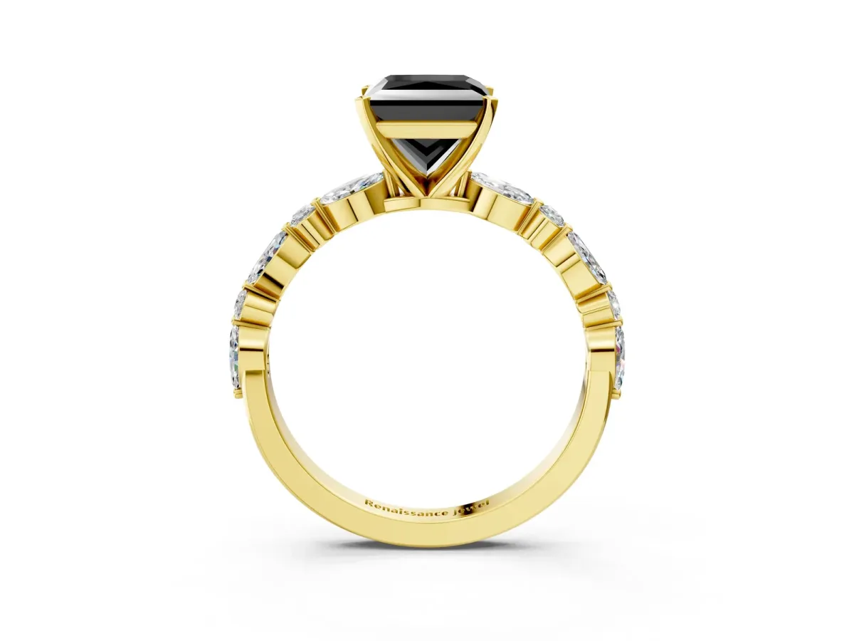 Fancy Black Princess Cut Diamond Ring with Marquise and Round Side Stones and Four-Prong Setting Yellow gold