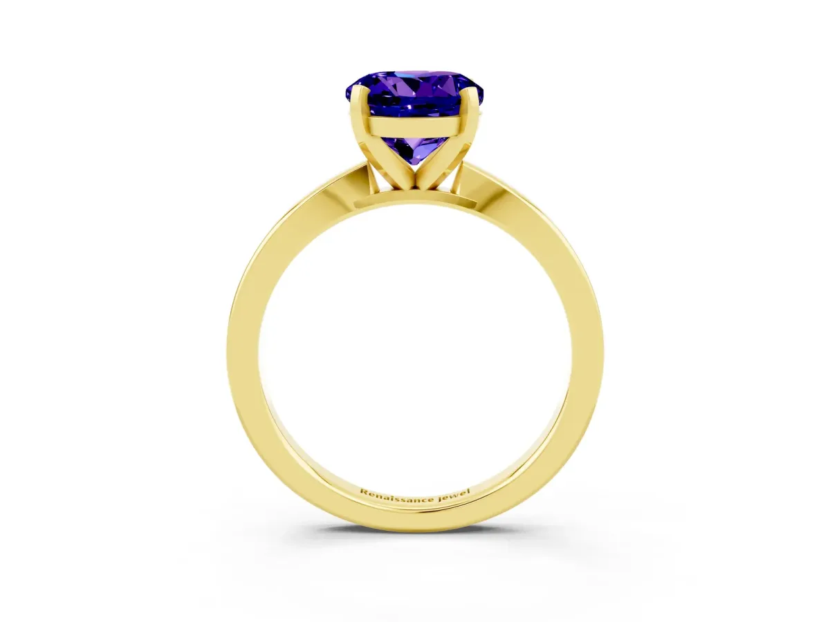 Round Cut Tanzanite Solitaire Engagement Ring with Classic Band and Four-Prong Setting Yellow gold