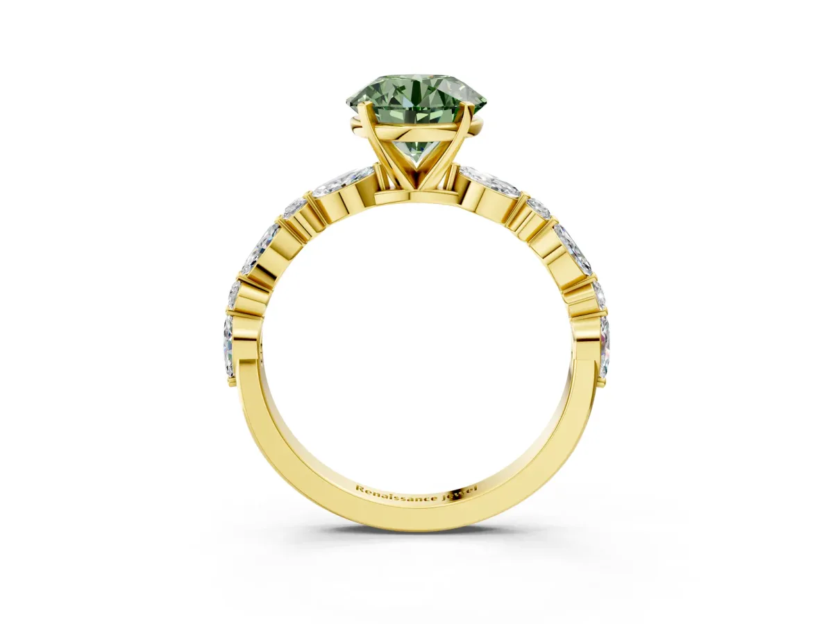Fancy Green Round Cut Diamond Ring with Marquise and Round Side Stones and Four-Prong Setting Yellow gold