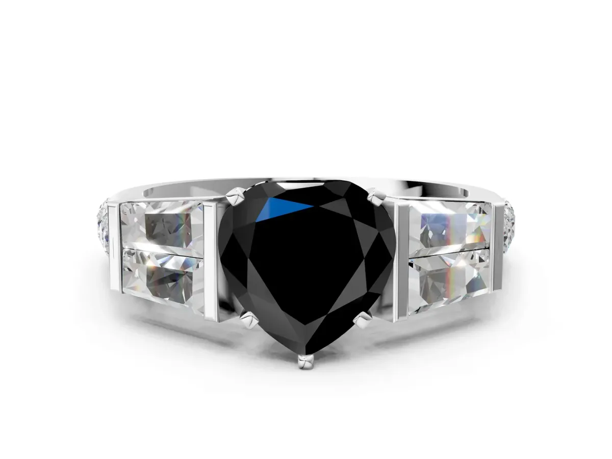 Fancy Black Heart Cut Diamond Engagement Ring with Baguette Side Stones and Channel Set Band Platinum
