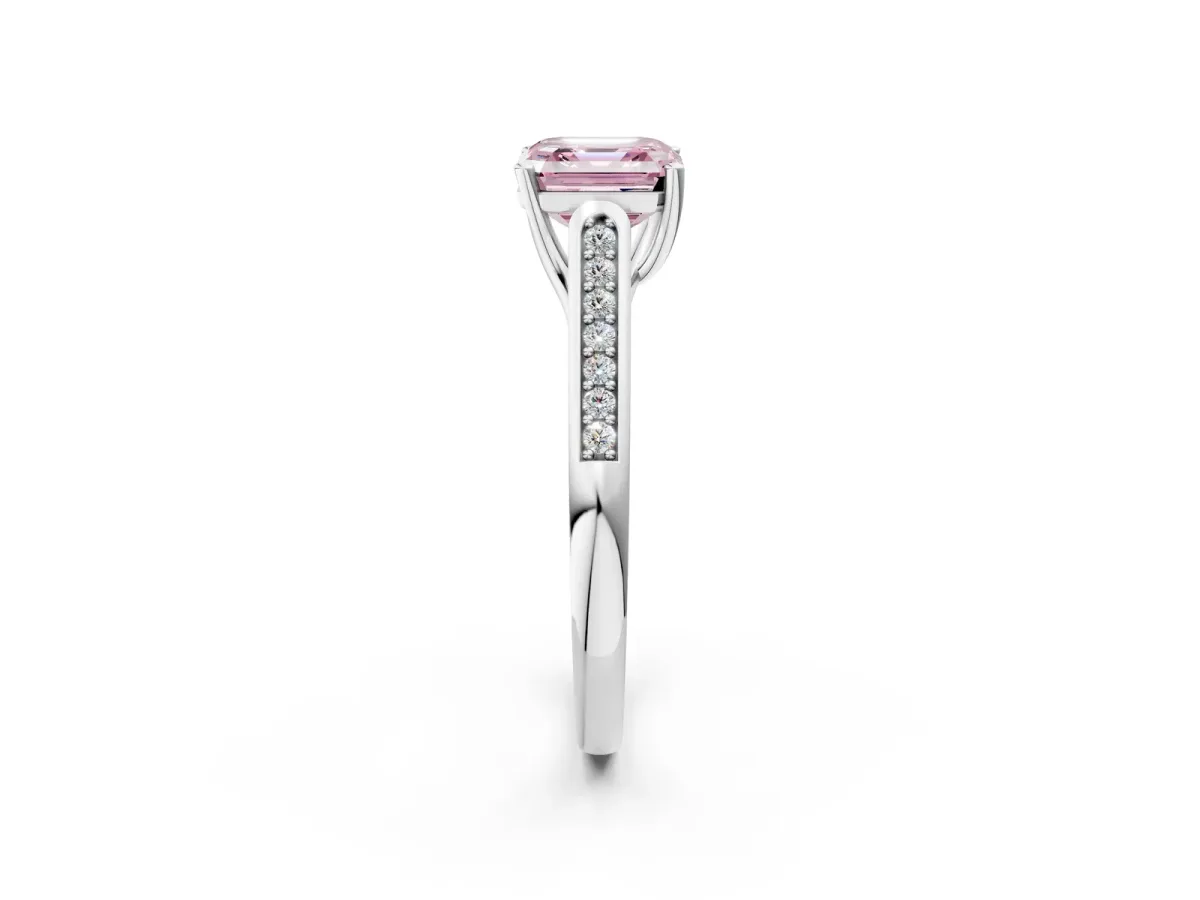 Fancy Pink Asscher Cut Solitaire Cathedral Diamond Engagement Ring with Channel-Set Band and Four-Prong Setting Platinum