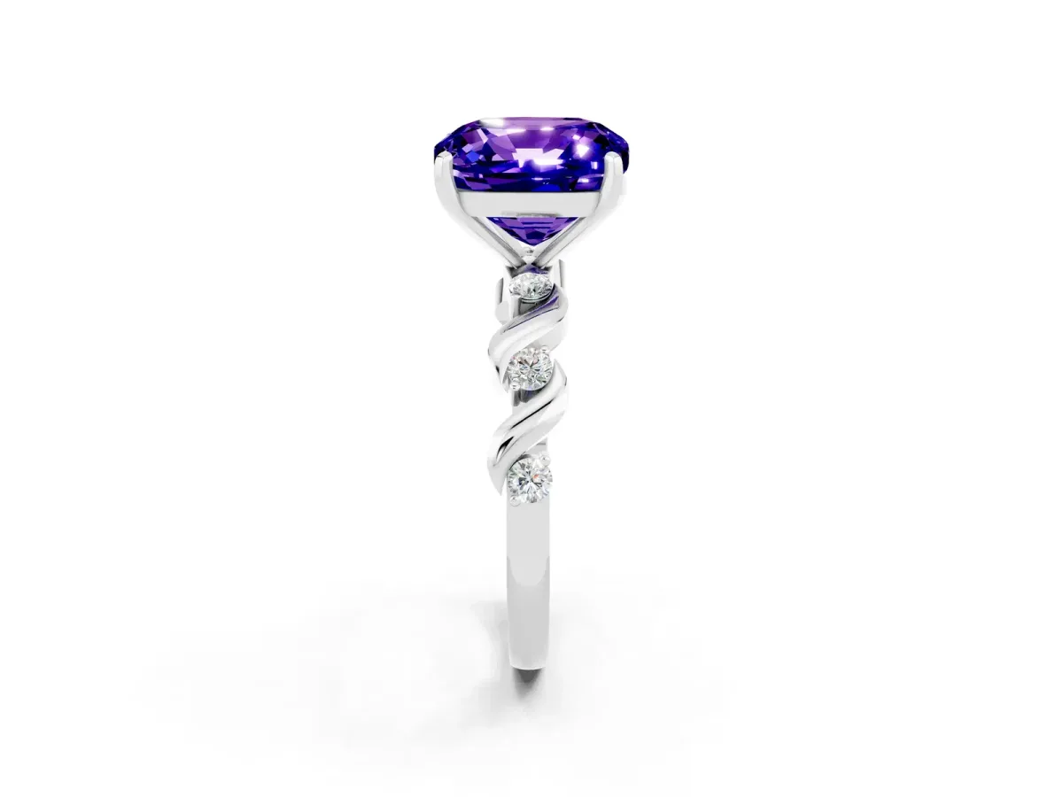 Cushion Cut Tanzanite Solitaire Twisted Band with Round Accents and Prong Setting White gold