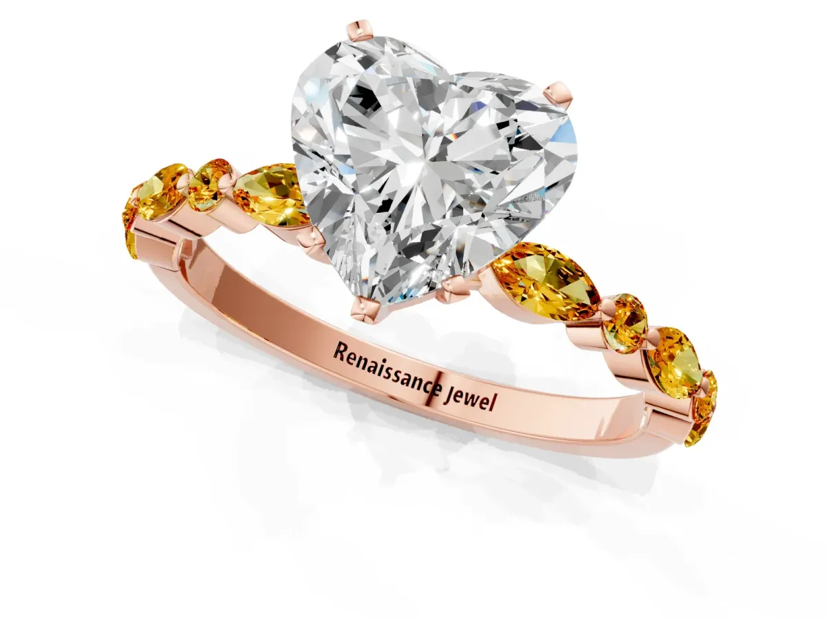 Heart Cut Diamond Ring with Marquise and Round Citrine Side Stones and Four-Prong Setting Rose gold