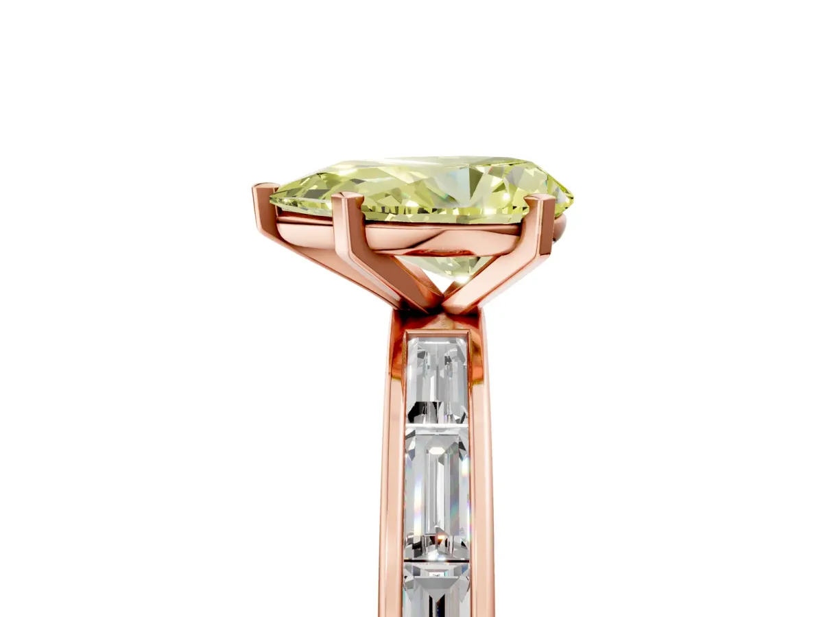 Fancy Yellow Pear Cut Solitaire Diamond Ring with Channel-Set Baguette Band and Four-Prong Setting Rose gold