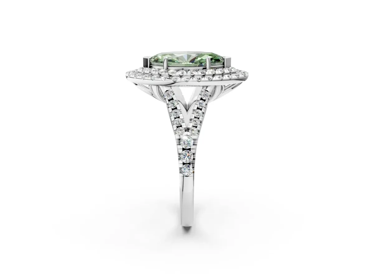 Fancy Green Double Halo Marquise Cut Diamond Pavé Split Shank Ring with Prong Setting Silver