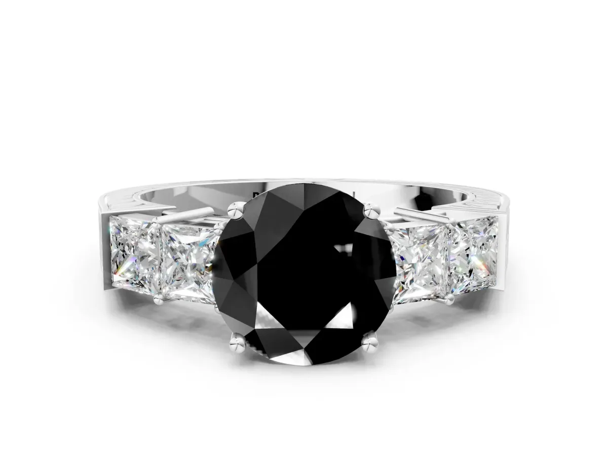 Fancy Black Round Cut Solitaire Princess Side Stone Engraved Band Prong Setting Ring Silver