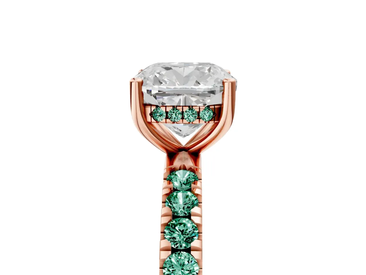 Cushion Cut Diamond Pave Band Solitaire Ring with Round Green Sapphire and Prong Setting Rose gold