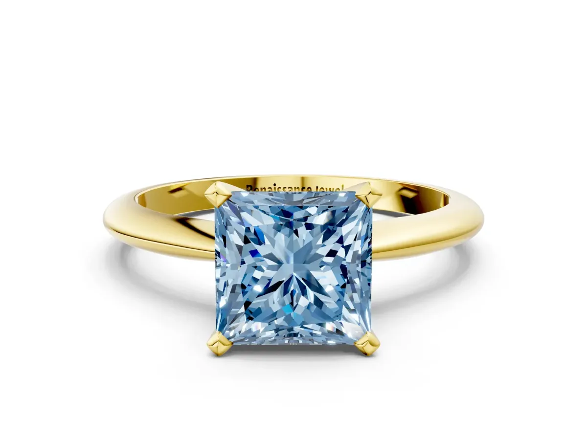 Fancy Blue Princess Cut Diamond Solitaire Engagement Ring with Classic Band and Four-Prong Setting Yellow gold