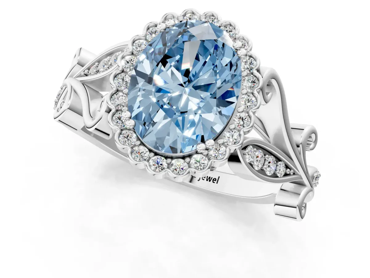 Fancy Blue Oval Cut Diamond Halo Ring with Vintage Split Shank and Four-Prong Setting Silver