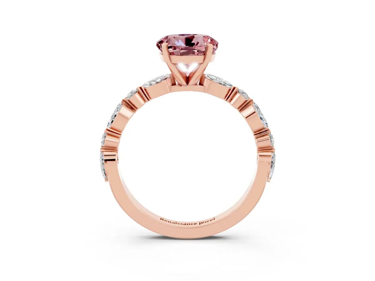 Round Cut Morganite Ring with Marquise and Round Side Stones and Four-Prong Setting Rose gold