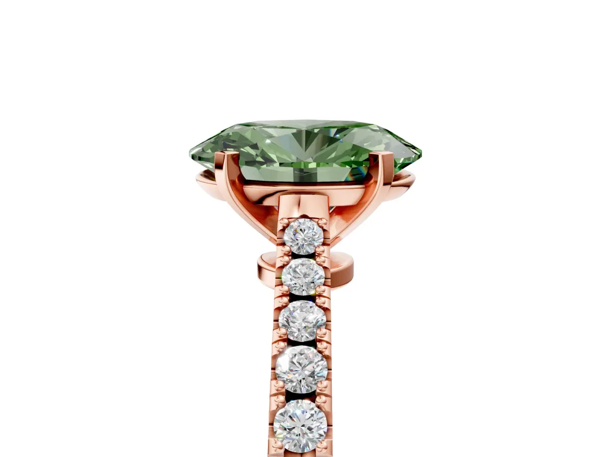 Fancy Green Oval Cut Cut Solitaire Diamond Engagement Ring with Pave Band and Four-Prong Setting Rose gold