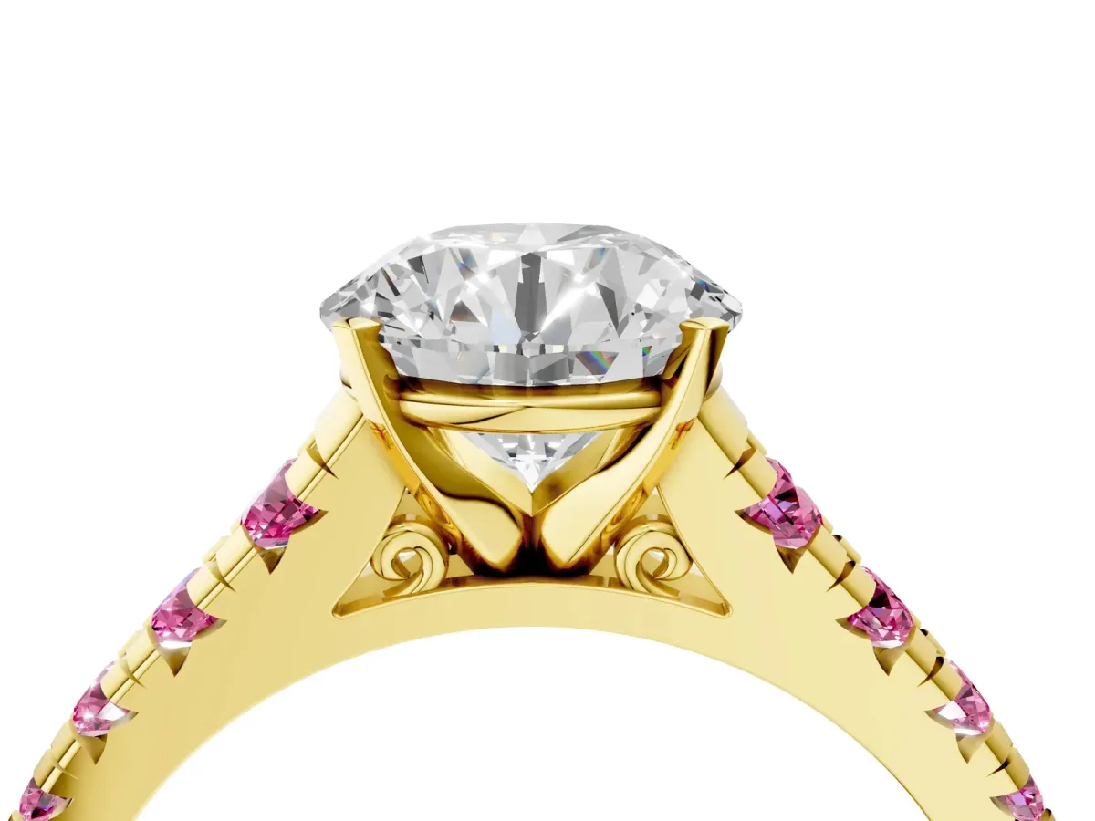 Round Cut Diamond Cathedral Solitaire Ring with Round Pink Sapphire Pavé Band Yellow gold