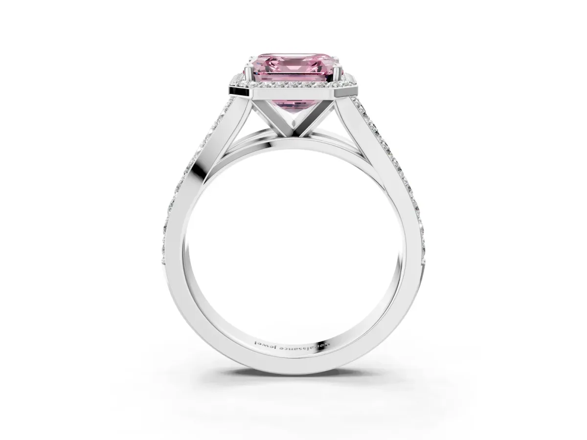 Fancy Pink Asscher Cut Diamond Split Shank Halo Ring with Four-Prong Setting Platinum