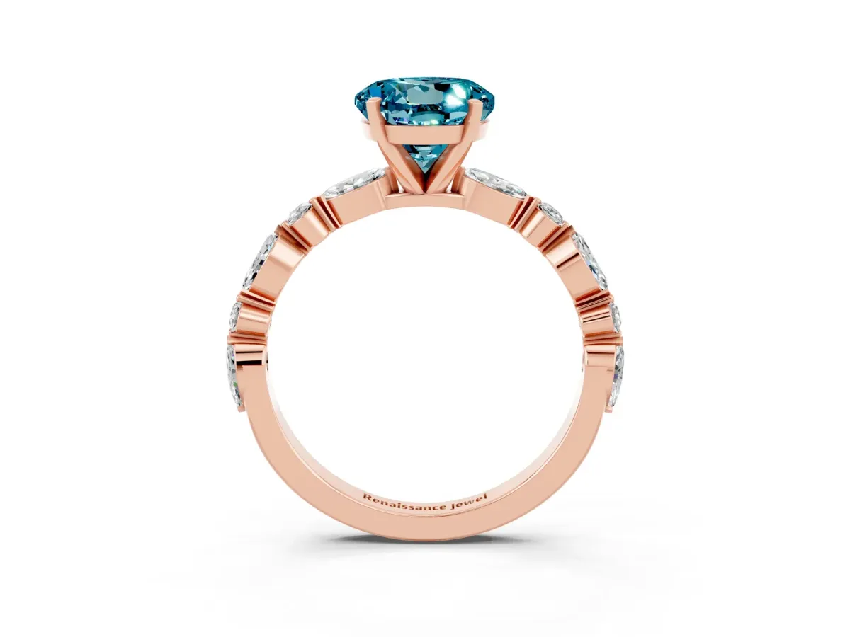Round Cut Blue Topaz Ring with Marquise and Round Side Stones and Four-Prong Setting Rose gold