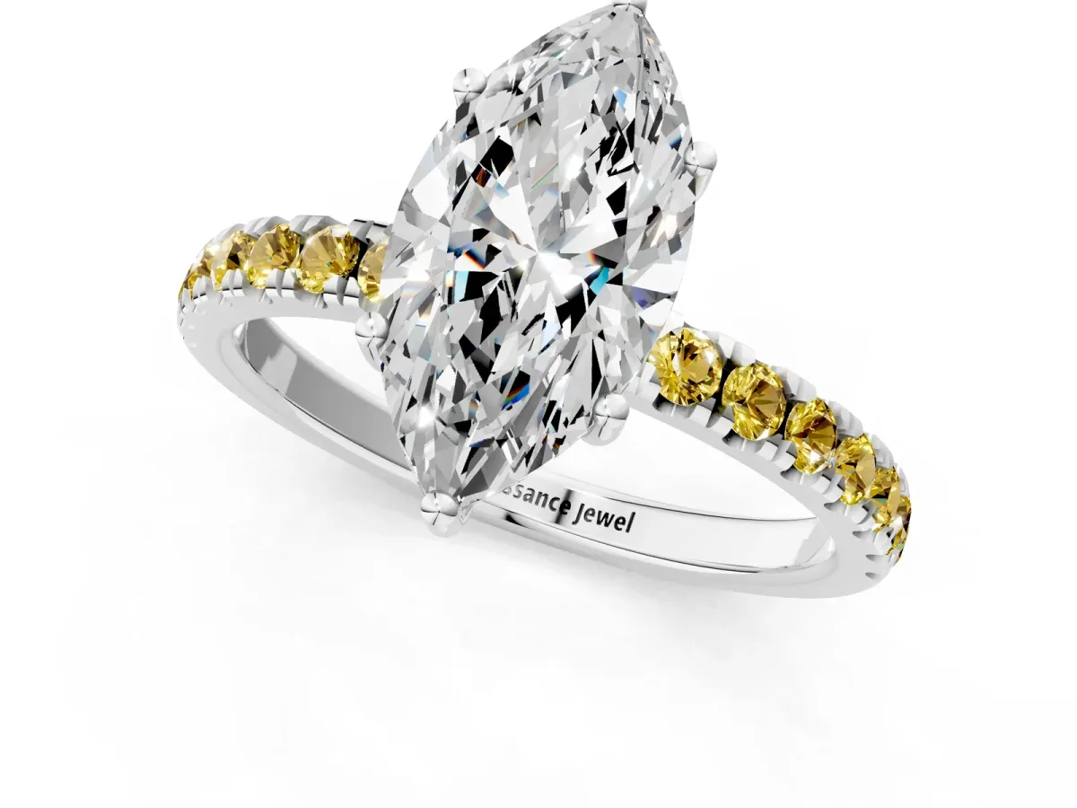 Marquise Cut Diamond Pave Band Solitaire Ring with Round Yellow Sapphire and Prong Setting White gold