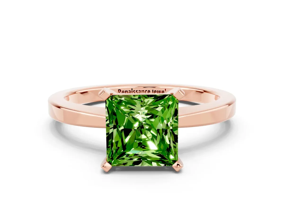 Princess Cut Peridot Solitaire Engagement Ring with Classic Band and Four-Prong Setting Rose gold