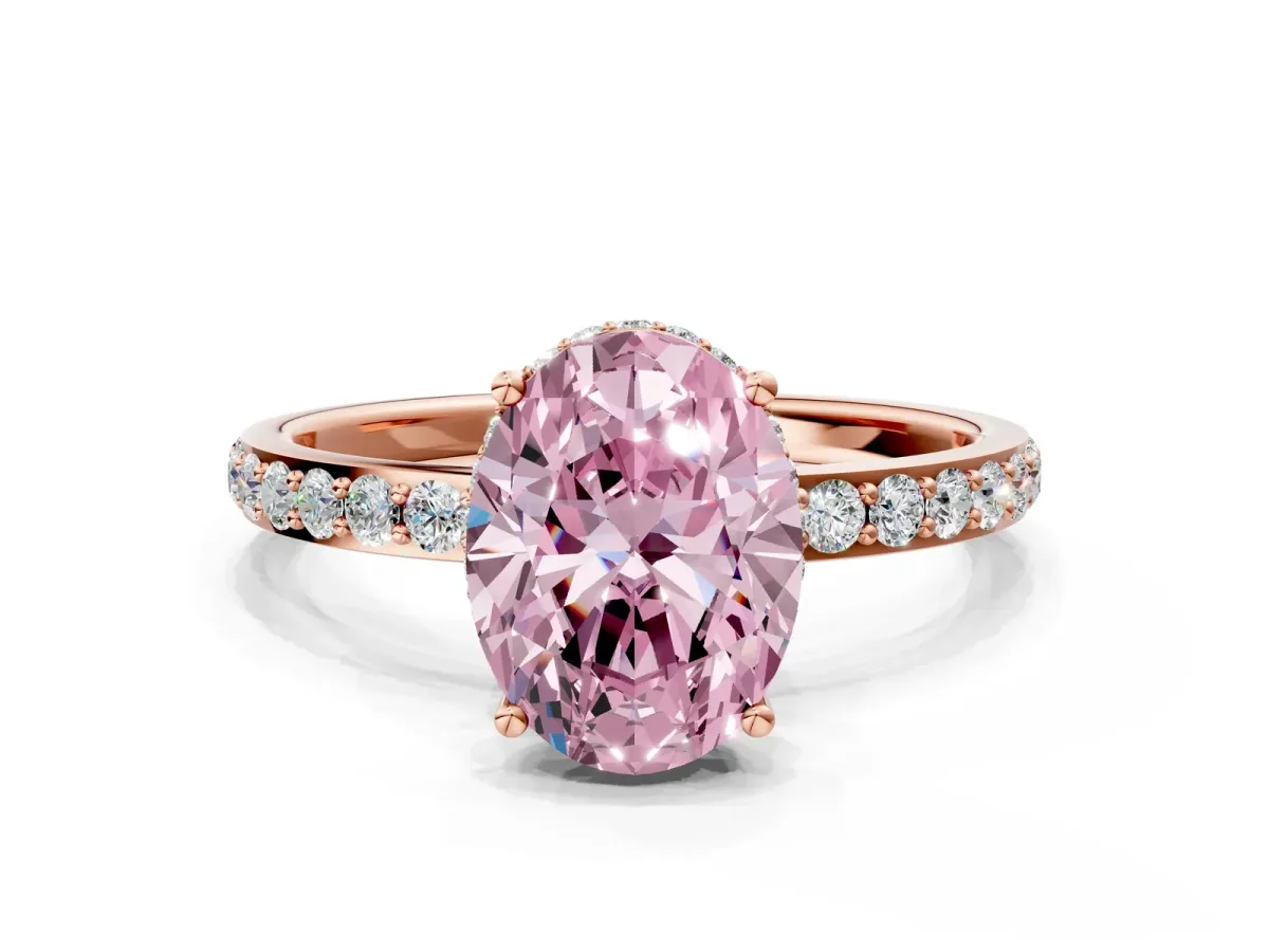 Fancy Pink Oval Cut Diamond Solitaire Ring with Pavé Band and Hidden Halo Rose gold