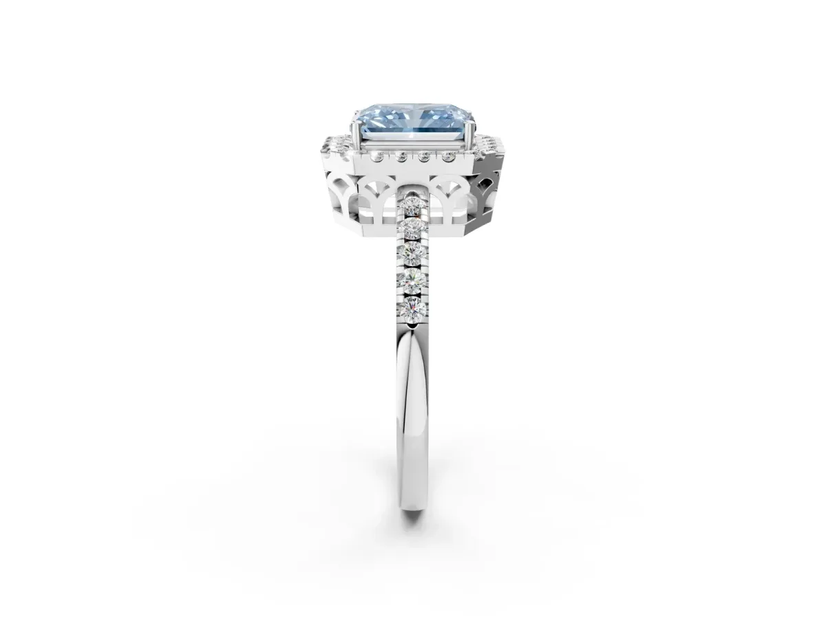 Fancy Blue Radiant Cut Halo Diamond Engagement Ring with Pavé Band and Four-Prong Setting Platinum