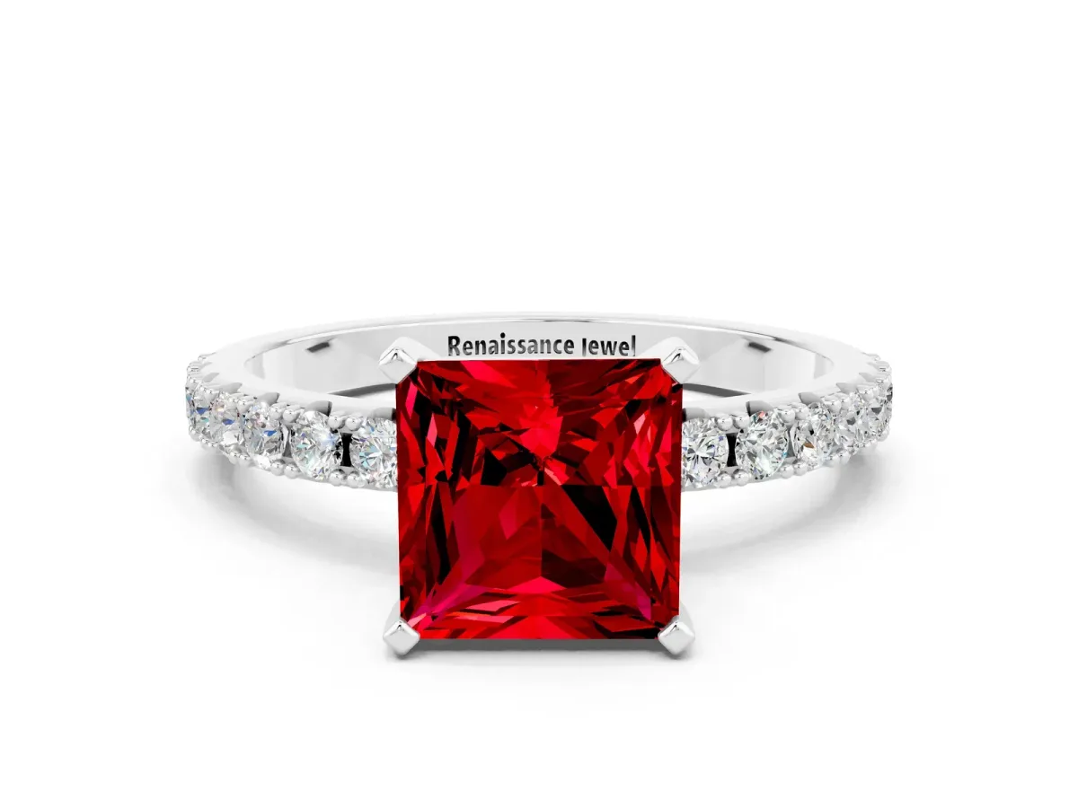 Princess Cut Ruby Solitaire Pavé Band with Four-Prong Setting Silver
