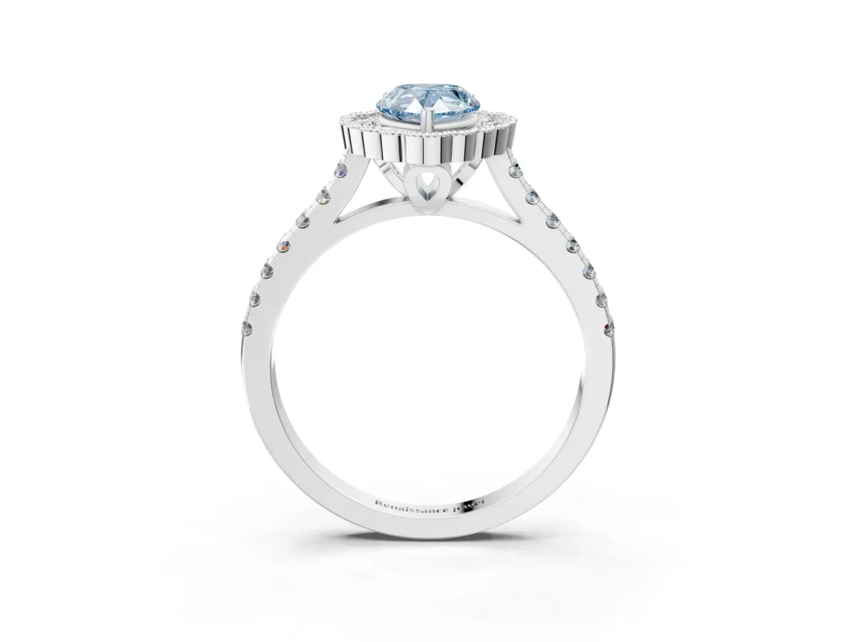 Fancy Blue Pear Cut Cut Diamond Milgrain Floral Halo Engagement Ring with Pavé Band Silver