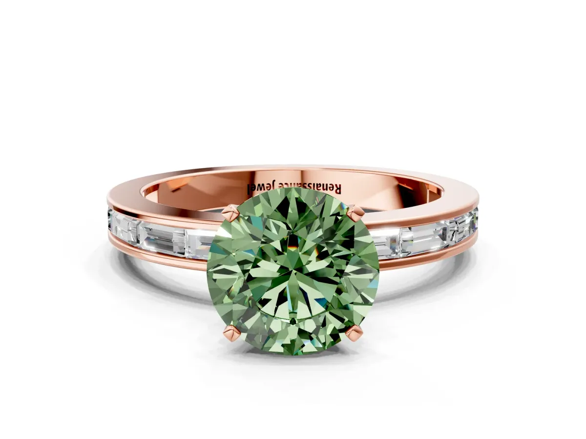 Fancy Green Round Cut Solitaire Diamond Ring with Channel-Set Baguette Band and Four-Prong Setting Rose gold
