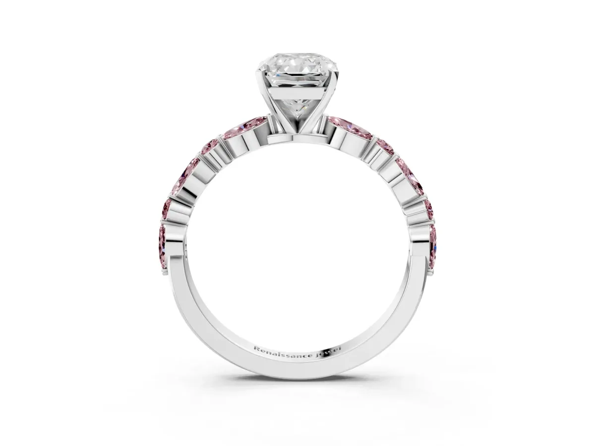 Radiant Cut Diamond Ring with Marquise and Round Morganite Side Stones and Four-Prong Setting White gold