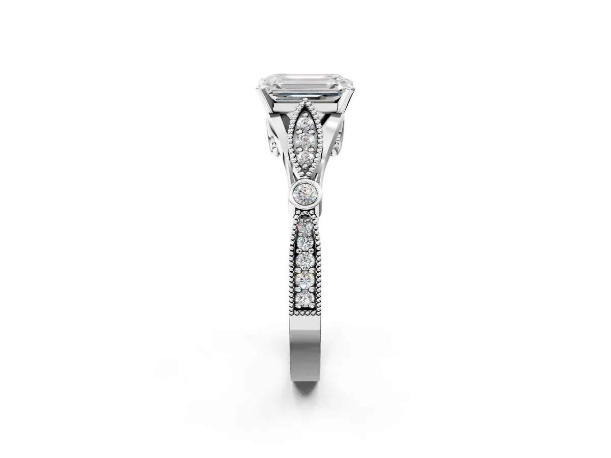 Emerald Cut Cut Diamond with Milgrain Marquise and Bezel Accents on a Solitaire Band with Prong Setting Platinum