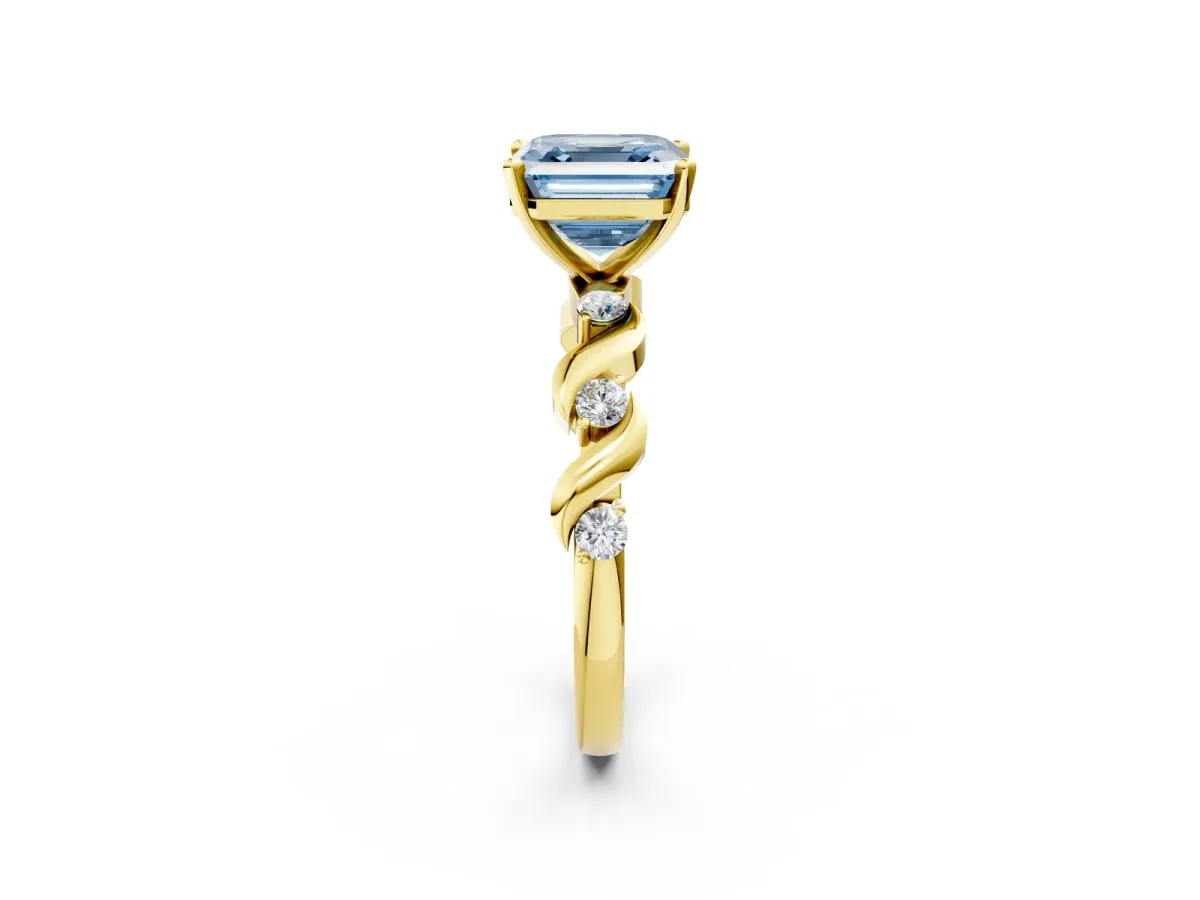 Fancy Blue Asscher Cut Diamond Solitaire Twisted Band with Round Accents and Prong Setting Yellow gold