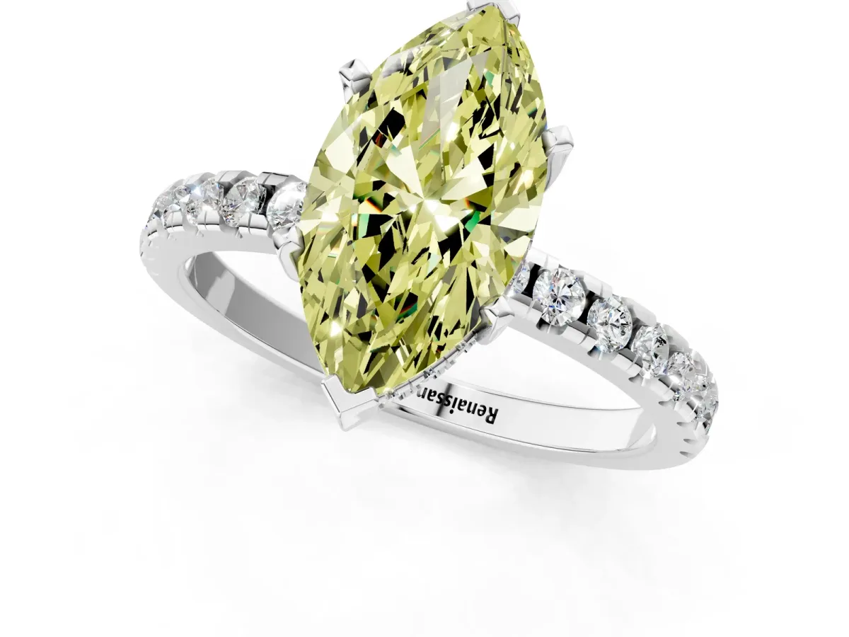 Fancy Yellow Marquise Cut Diamond Solitaire Ring with Round Pavé Band and Four-Prong Setting White gold
