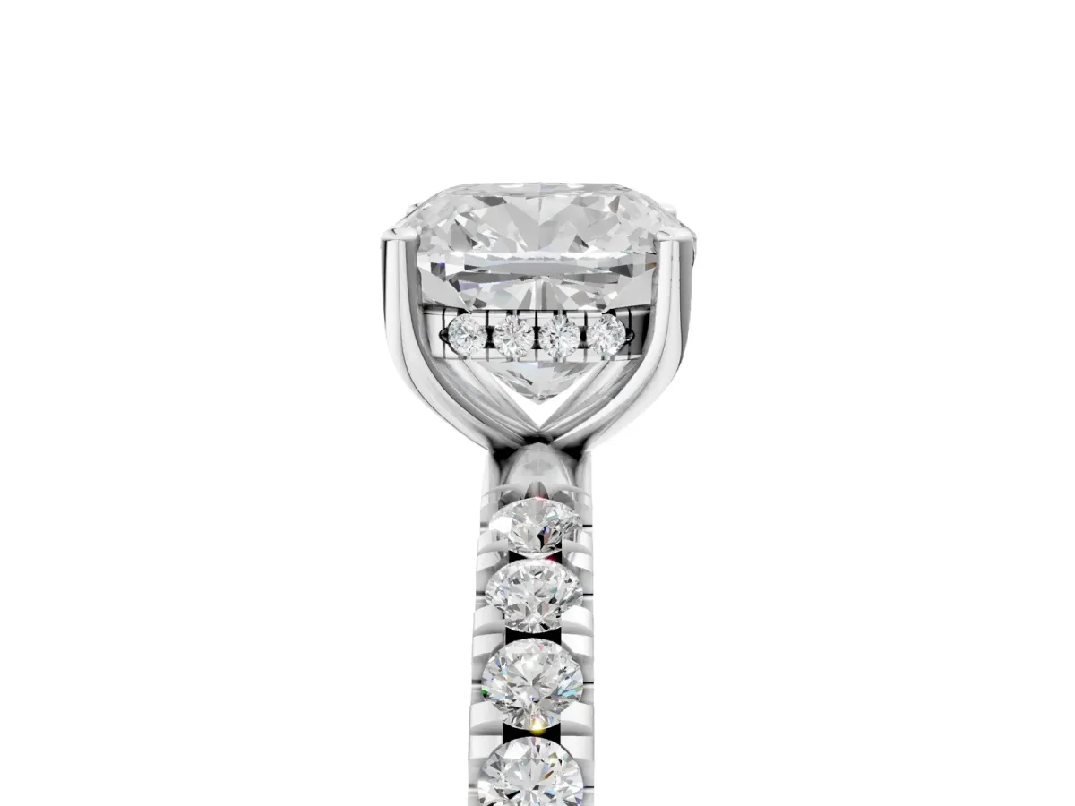 Cushion Cut Diamond Pave Band Solitaire Ring with Round and Prong Setting Platinum