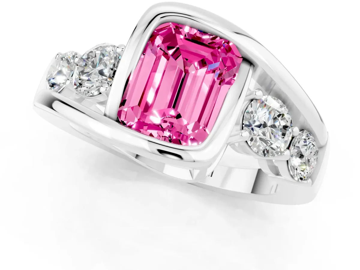 Bezel Set Emerald Cut Pink Sapphire Bypass Ring with Round Accents Silver